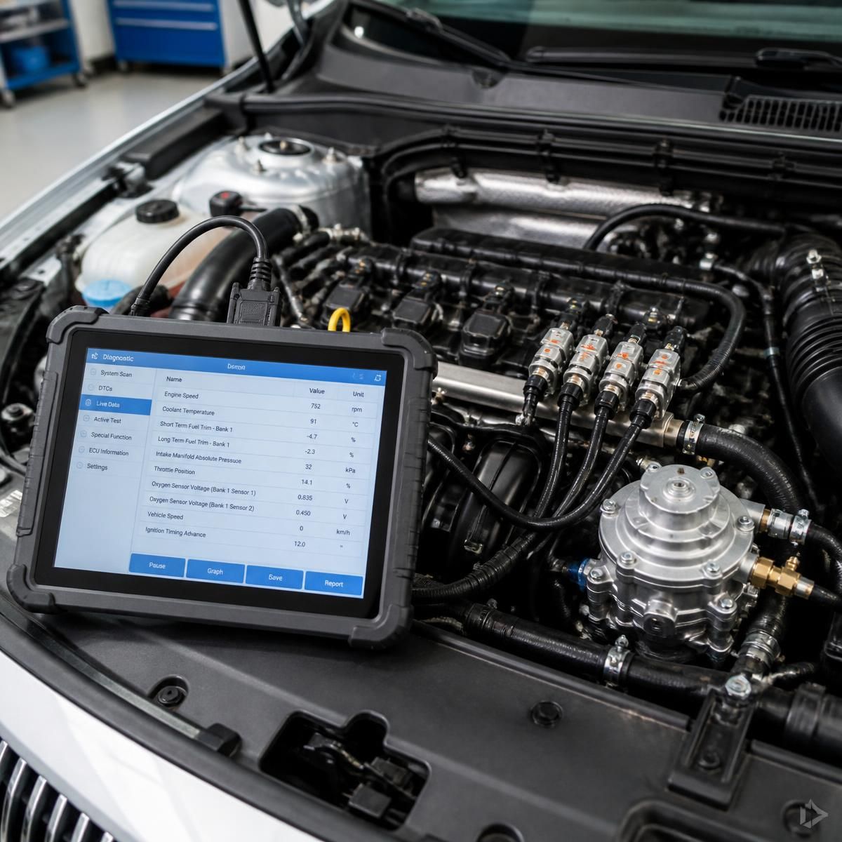 Tablet diagnostyczny oparty o komorę silnika samochodu z instalacją gazową