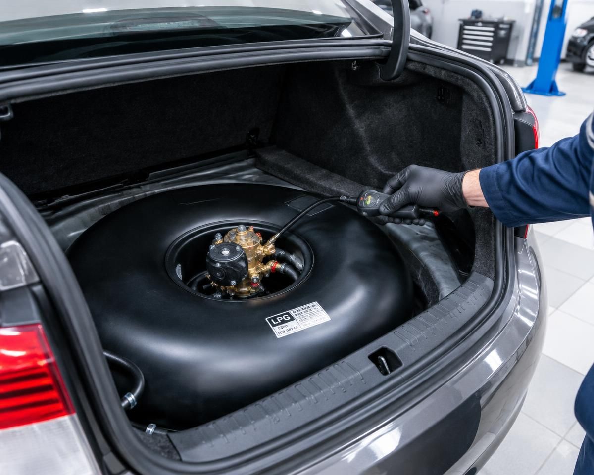 Toroidalny zbiornik LPG zamontowany we wnęce koła zapasowego w bagażniku samochodu