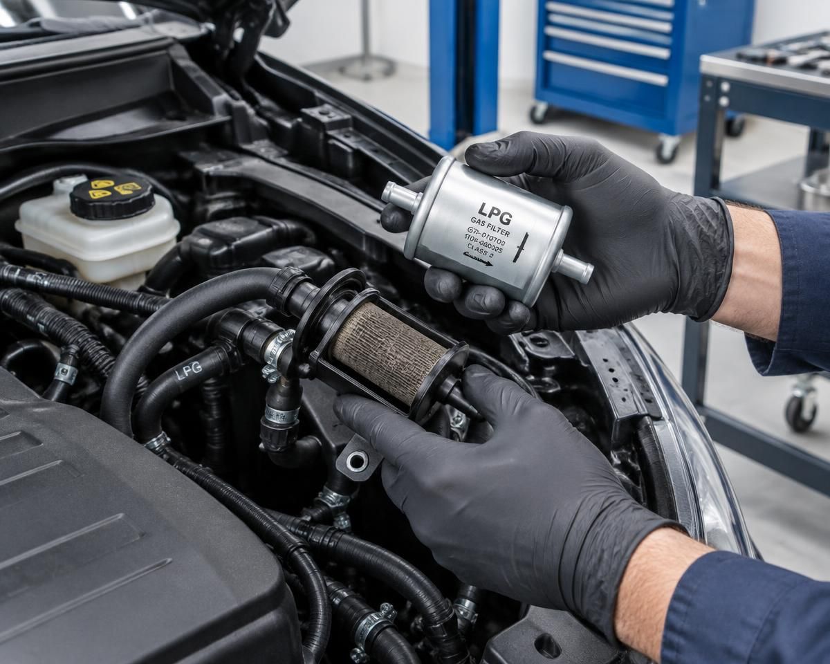 Mechanik w rękawicach trzyma nowy filtr fazy lotnej nad komorą silnika podczas przeglądu instalacji gazowej